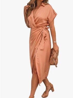New Entro Peach Wrap Midi Dress wrap Sz M